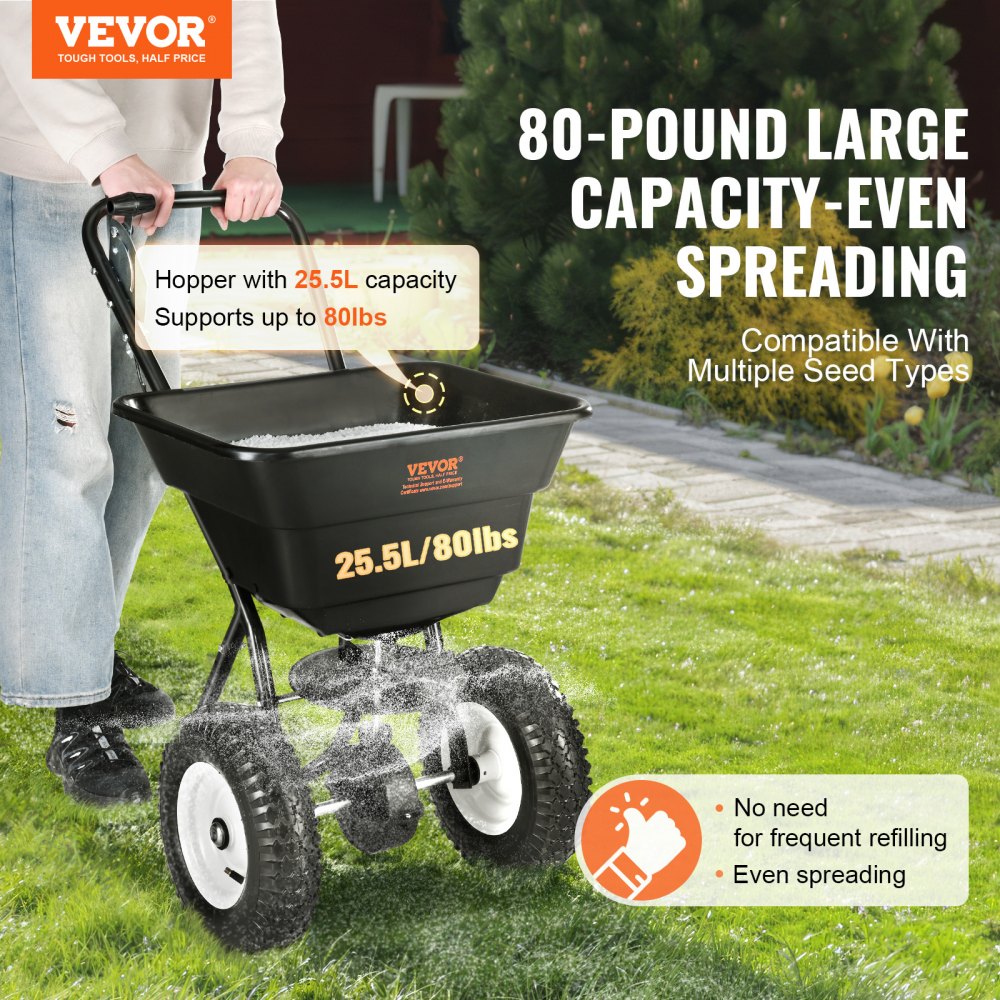VEVOR Esparcidor de Abonos 36 kg Esparcidor de Sal Quitanieves de Semillas con Ruedas Grandes 305mm 25,5 L Tolva Sembradora de Semillas de Césped de Acero para Terrenos Residenciales, Agrícolas, Negro