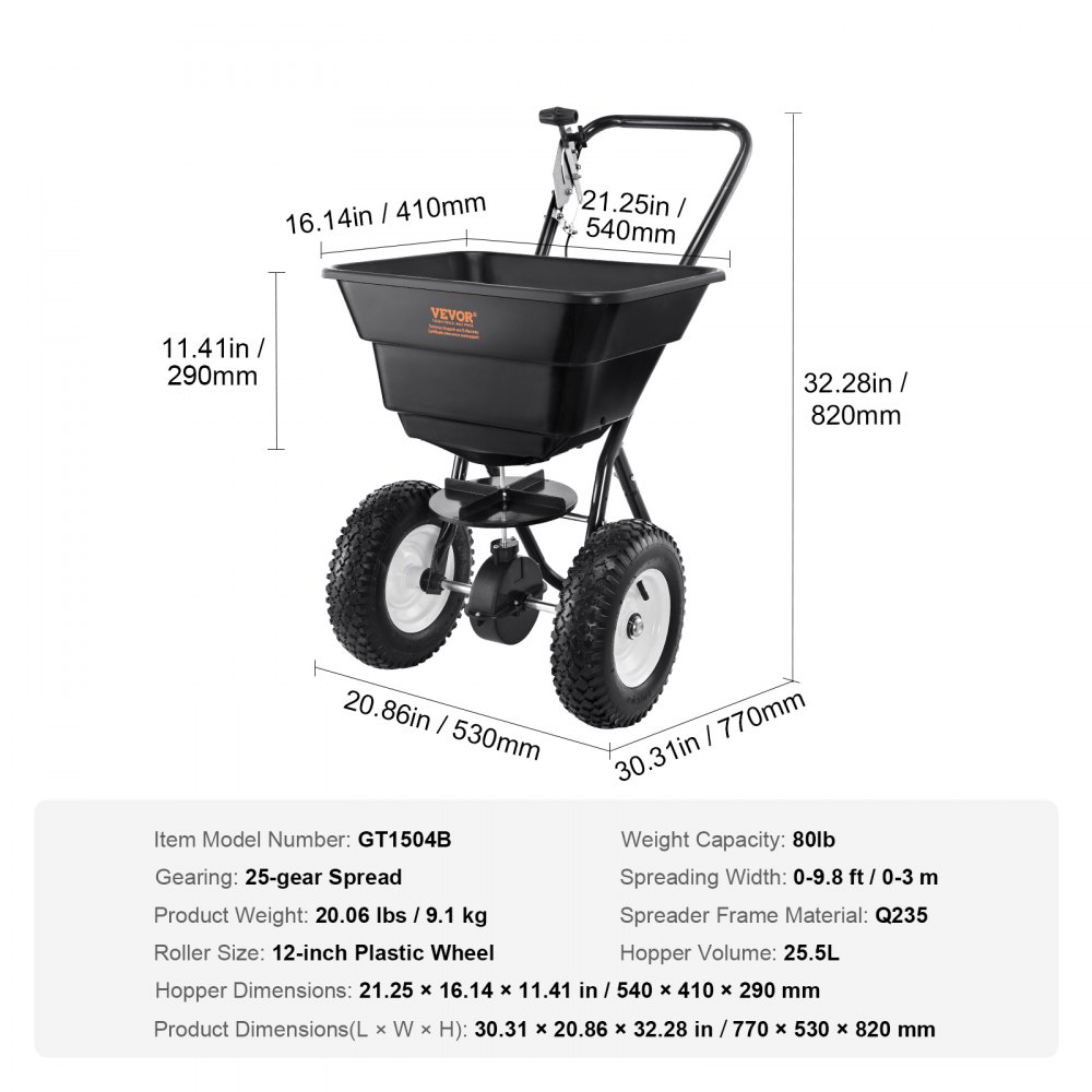VEVOR Esparcidor de Abonos 36 kg Esparcidor de Sal Quitanieves de Semillas con Ruedas Grandes 305mm 25,5 L Tolva Sembradora de Semillas de Césped de Acero para Terrenos Residenciales, Agrícolas, Negro
