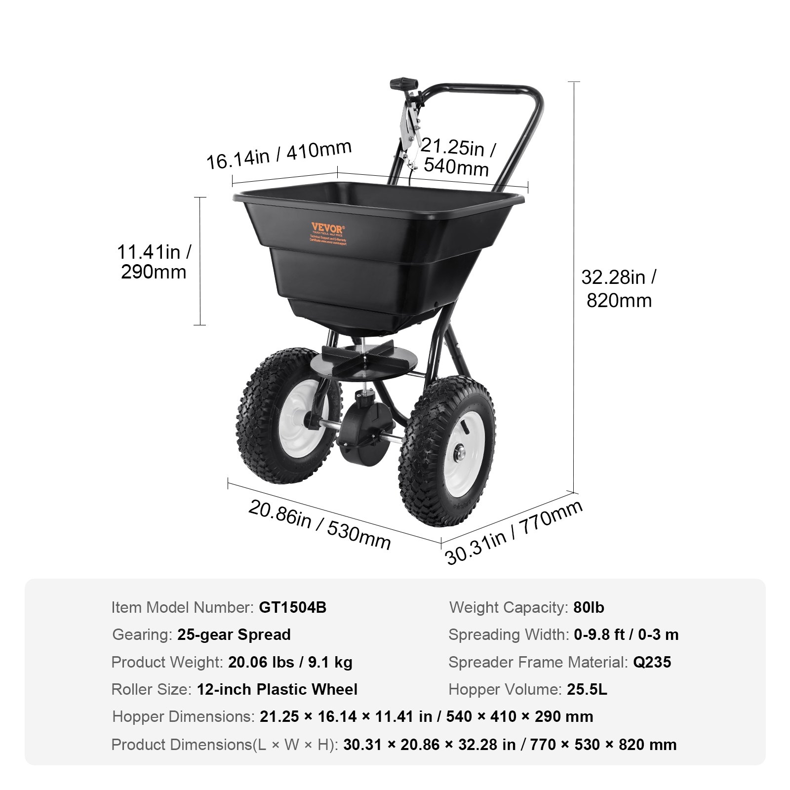 VEVOR Esparcidor de Abonos 36 kg Esparcidor de Sal Quitanieves de Semillas con Ruedas Grandes 305mm 25,5 L Tolva Sembradora de Semillas de Césped de Acero para Terrenos Residenciales, Agrícolas, Negro