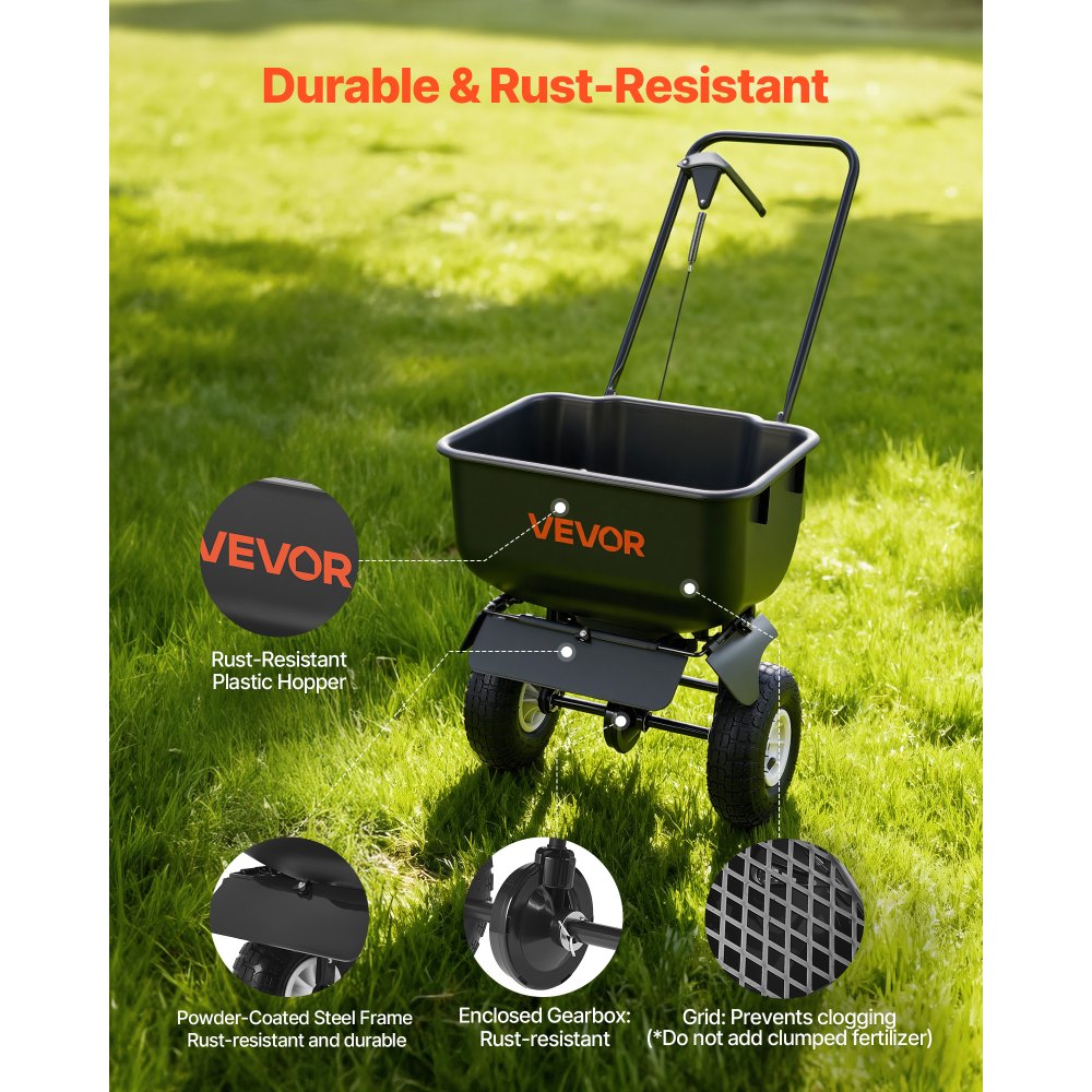 VEVOR Carro Esparcidor Manual, Ancho de Esparcimiento de 3,6 m, Sembradora de Semillas, Capacidad de Carga 36,3 kg, Distribuidor para Abono Turba Fertilizante Cal y Sal Arena, para Jardín Carretera