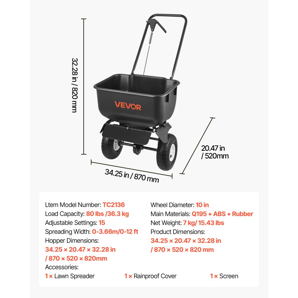 VEVOR Carro Esparcidor Manual, Ancho de Esparcimiento de 3,6 m, Sembradora de Semillas, Capacidad de Carga 36,3 kg, Distribuidor para Abono Turba Fertilizante Cal y Sal Arena, para Jardín Carretera