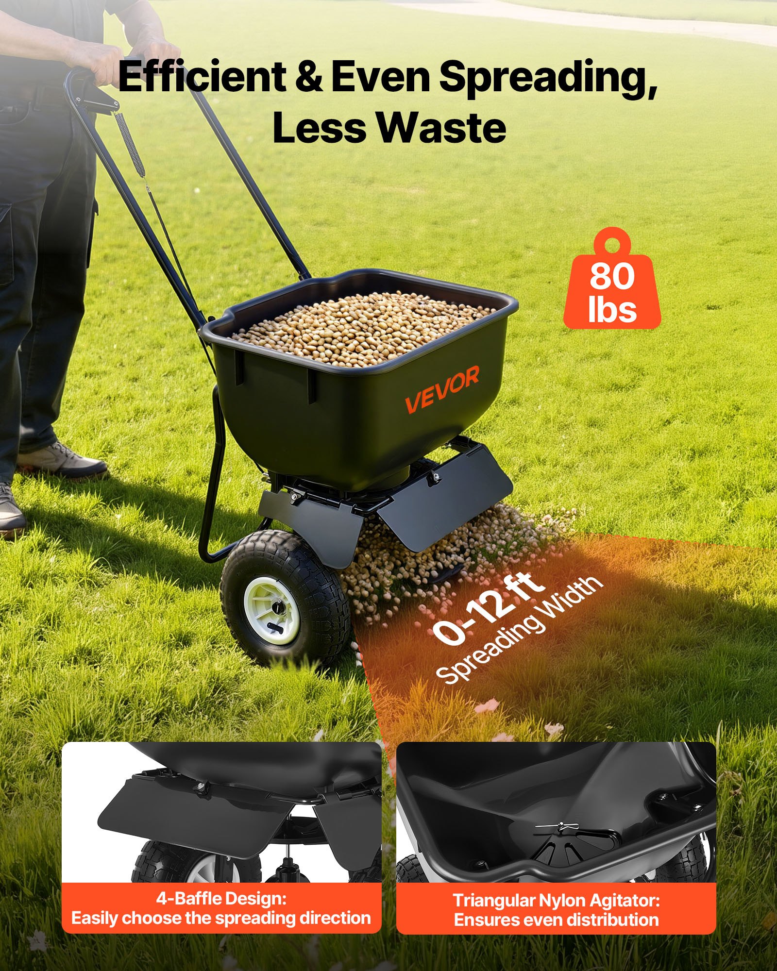 VEVOR Carro Esparcidor Manual, Ancho de Esparcimiento de 3,6 m, Sembradora de Semillas, Capacidad de Carga 36,3 kg, Distribuidor para Abono Turba Fertilizante Cal y Sal Arena, para Jardín Carretera