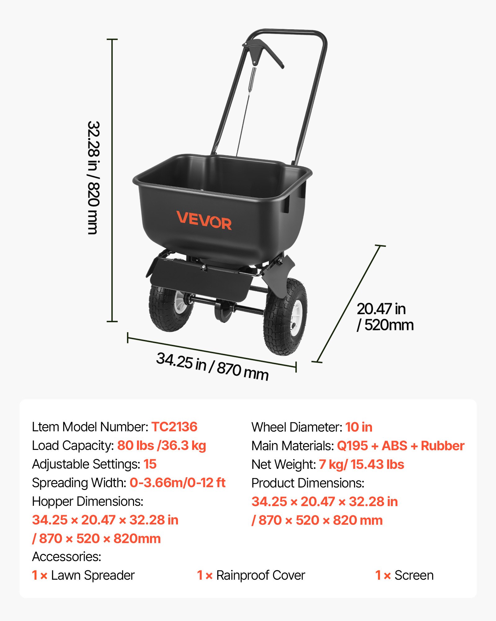 VEVOR Carro Esparcidor Manual, Ancho de Esparcimiento de 3,6 m, Sembradora de Semillas, Capacidad de Carga 36,3 kg, Distribuidor para Abono Turba Fertilizante Cal y Sal Arena, para Jardín Carretera