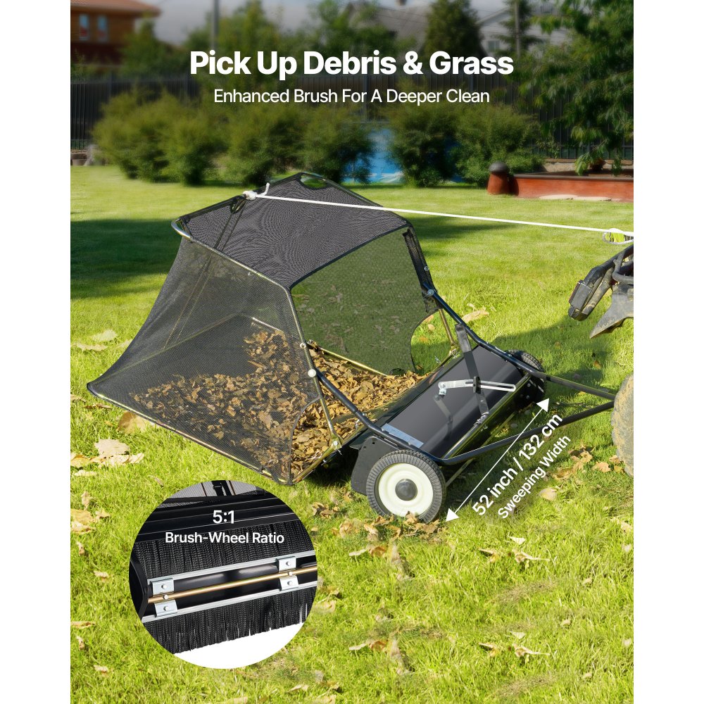 VEVOR Barredora de Césped de Remolque Ancho de 132 cm, Recolector de Hojas Escombros con Ruedas, Barredora Remolcable para Tractor Resistente con Altura de Barrido Ajustable para Patio, Granja