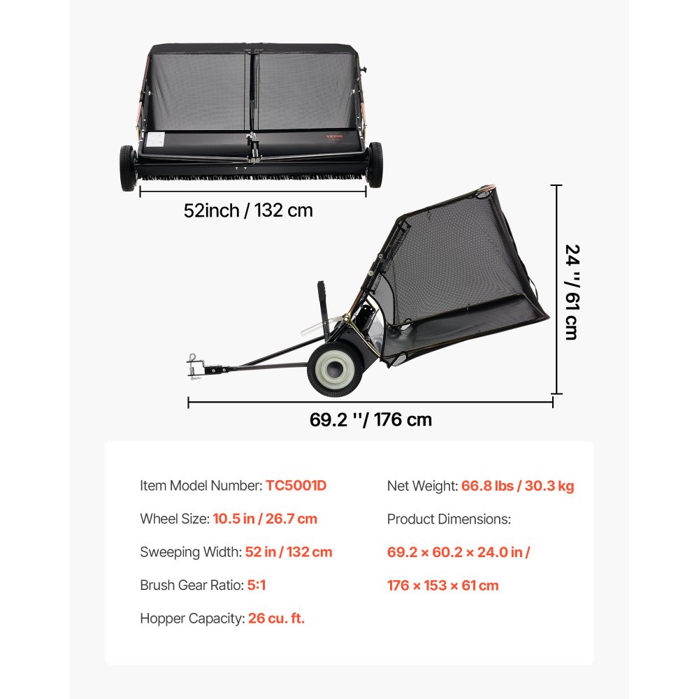 VEVOR Barredora de Césped de Remolque Ancho de 132 cm, Recolector de Hojas Escombros con Ruedas, Barredora Remolcable para Tractor Resistente con Altura de Barrido Ajustable para Patio, Granja