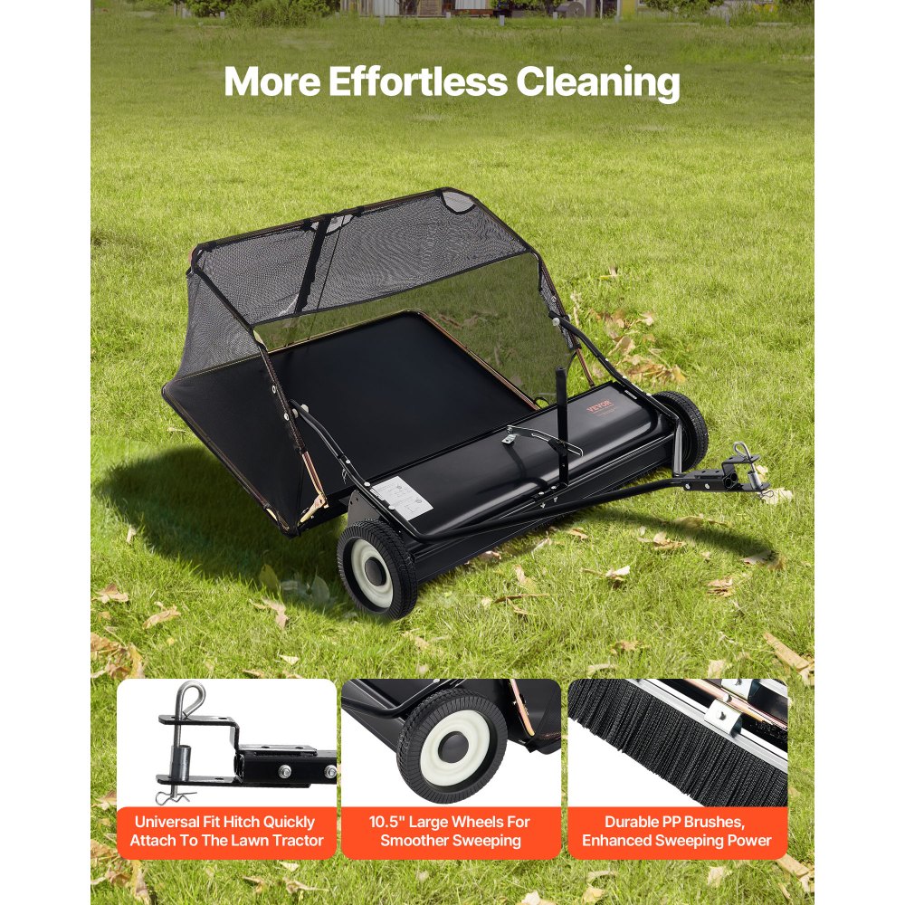 VEVOR Barredora de Césped de Remolque Ancho de 132 cm, Recolector de Hojas Escombros con Ruedas, Barredora Remolcable para Tractor Resistente con Altura de Barrido Ajustable para Patio, Granja