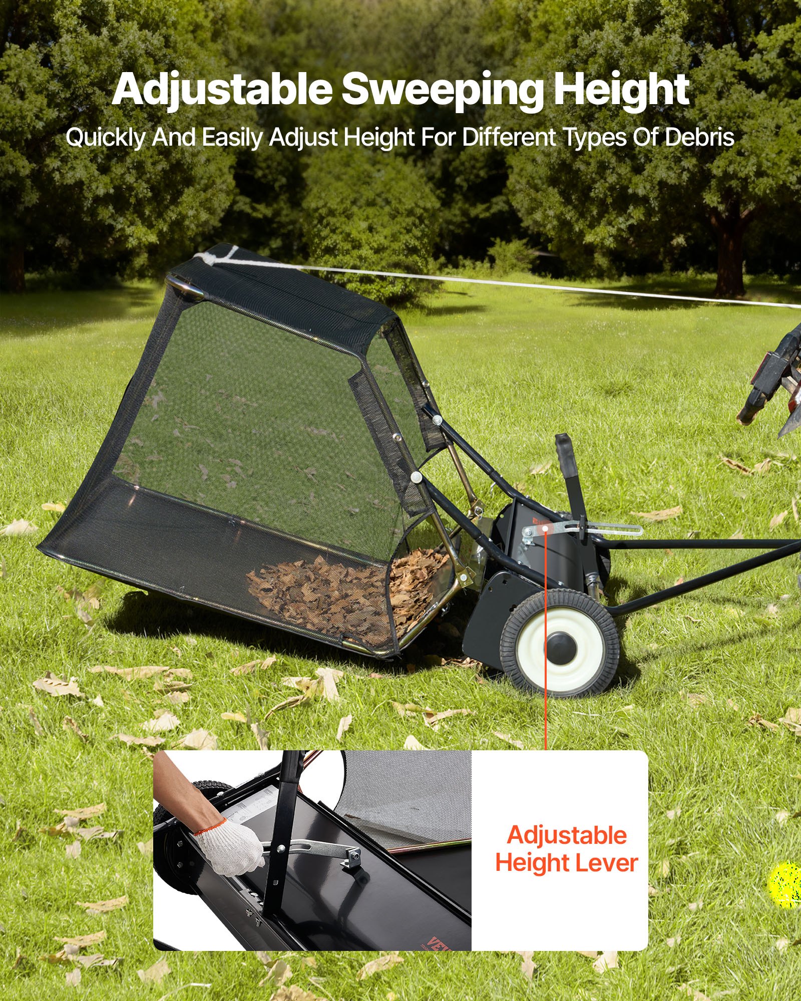 VEVOR Barredora de Césped de Remolque Ancho de 132 cm, Recolector de Hojas Escombros con Ruedas, Barredora Remolcable para Tractor Resistente con Altura de Barrido Ajustable para Patio, Granja