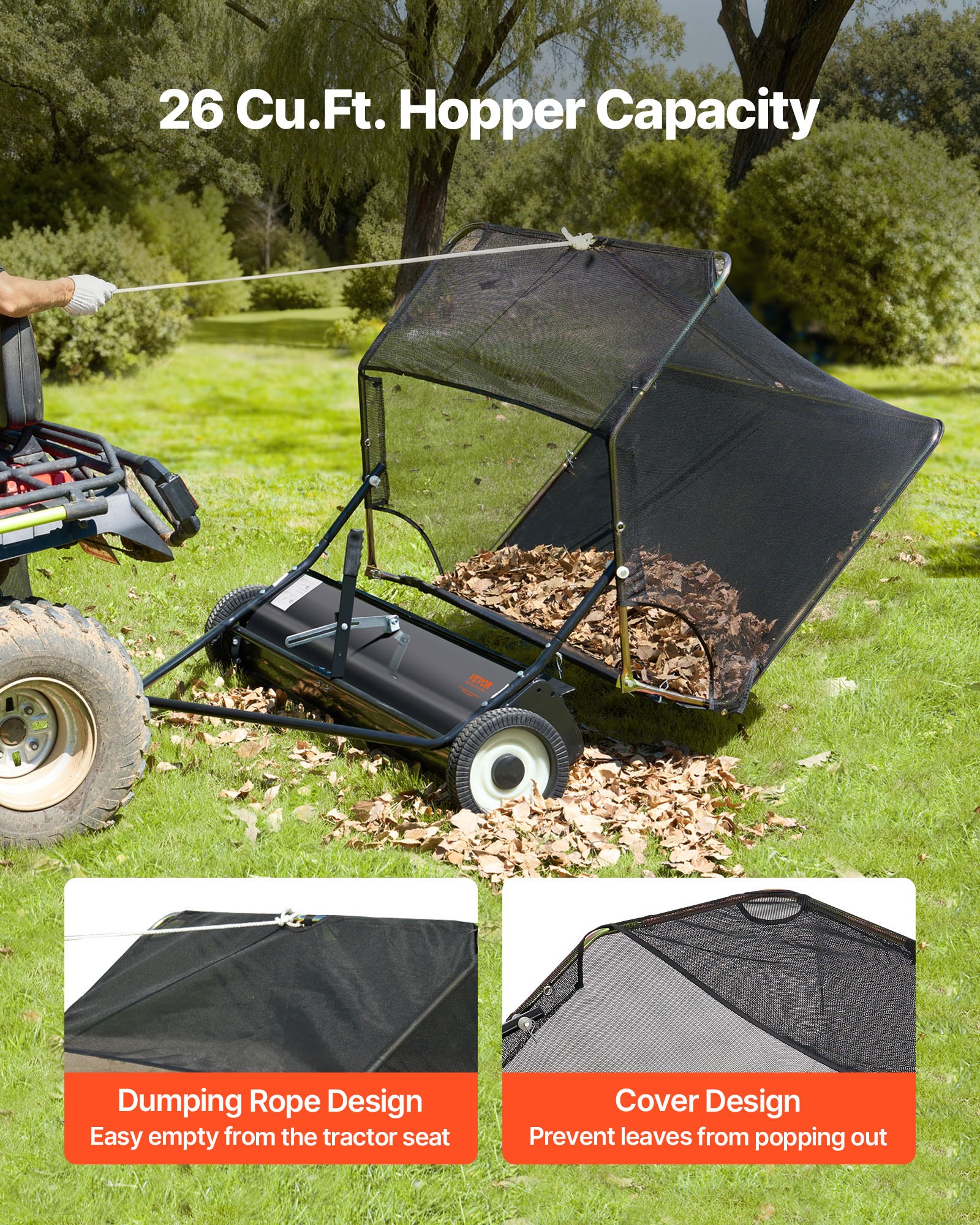VEVOR Barredora de Césped de Remolque Ancho de 132 cm, Recolector de Hojas Escombros con Ruedas, Barredora Remolcable para Tractor Resistente con Altura de Barrido Ajustable para Patio, Granja