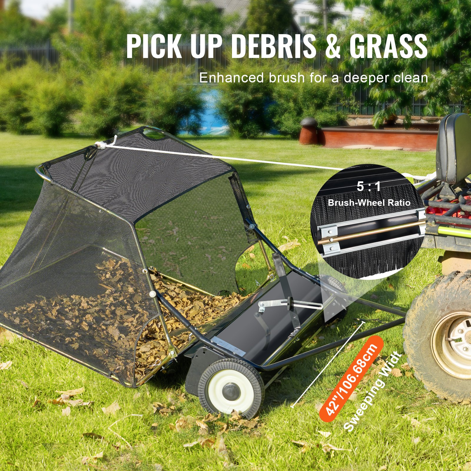 VEVOR Barredora de Césped Desplegable 400 L Barredora Grande y Resistente para Tomar Hojas y Césped Diseño de Cuerda de Descarga 106,68 cm Altura de Barrido Ajustable para Tomar Escombros, Césped