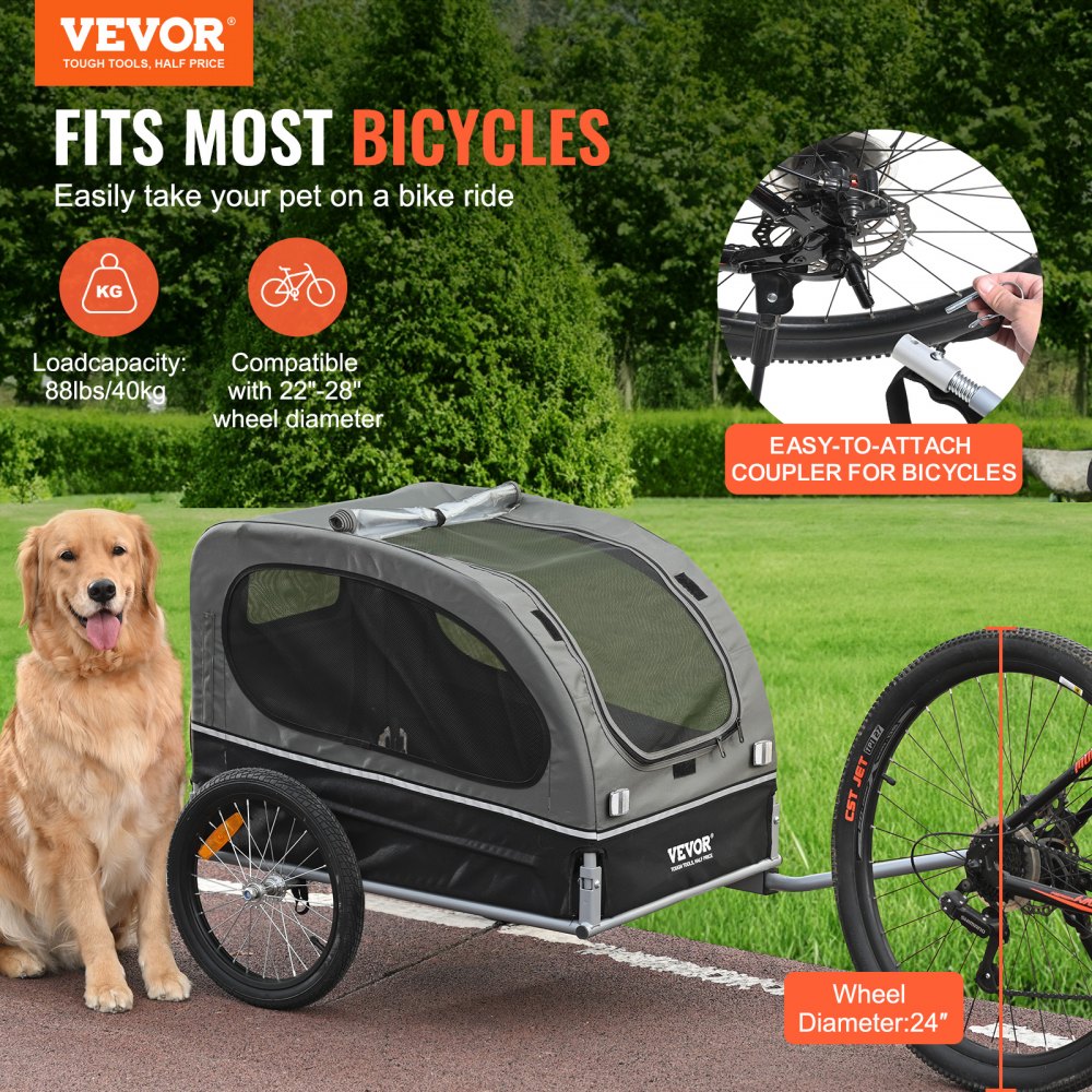 VEVOR Remolque Plegable para Bicicleta para Perros Carga de 40 kg Portabicicletas para Mascotas Marco Fácil de Plegar con Ruedas de Liberación Rápida, Acoplador Universal para Bicicleta, Reflectores