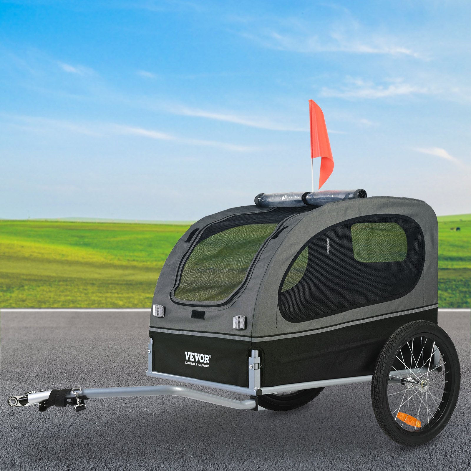 VEVOR Dog Trailer 40 kg Bicycle Trailer Carbon Steel + 600D Oxford Fabric + PP Foldable 1440 x 720 x 779 mm as a Trailer Folded Size 760 x 560 x 195 mm Black & Gray