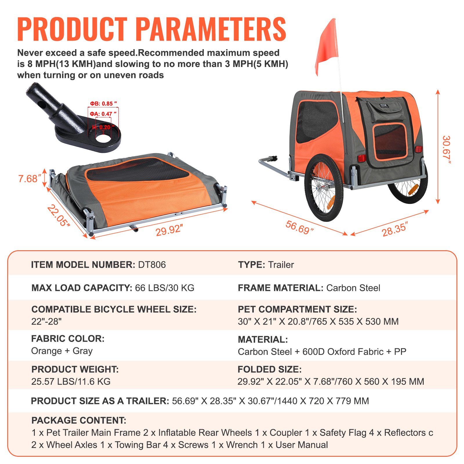 VEVOR Dog Trailer 30 kg Bicycle Trailer Carbon Steel + 600D Oxford Fabric + PP Foldable 1440 x 720 x 779 mm as a Trailer Folded Size 760 x 560 x 195 mm Orange & Gray