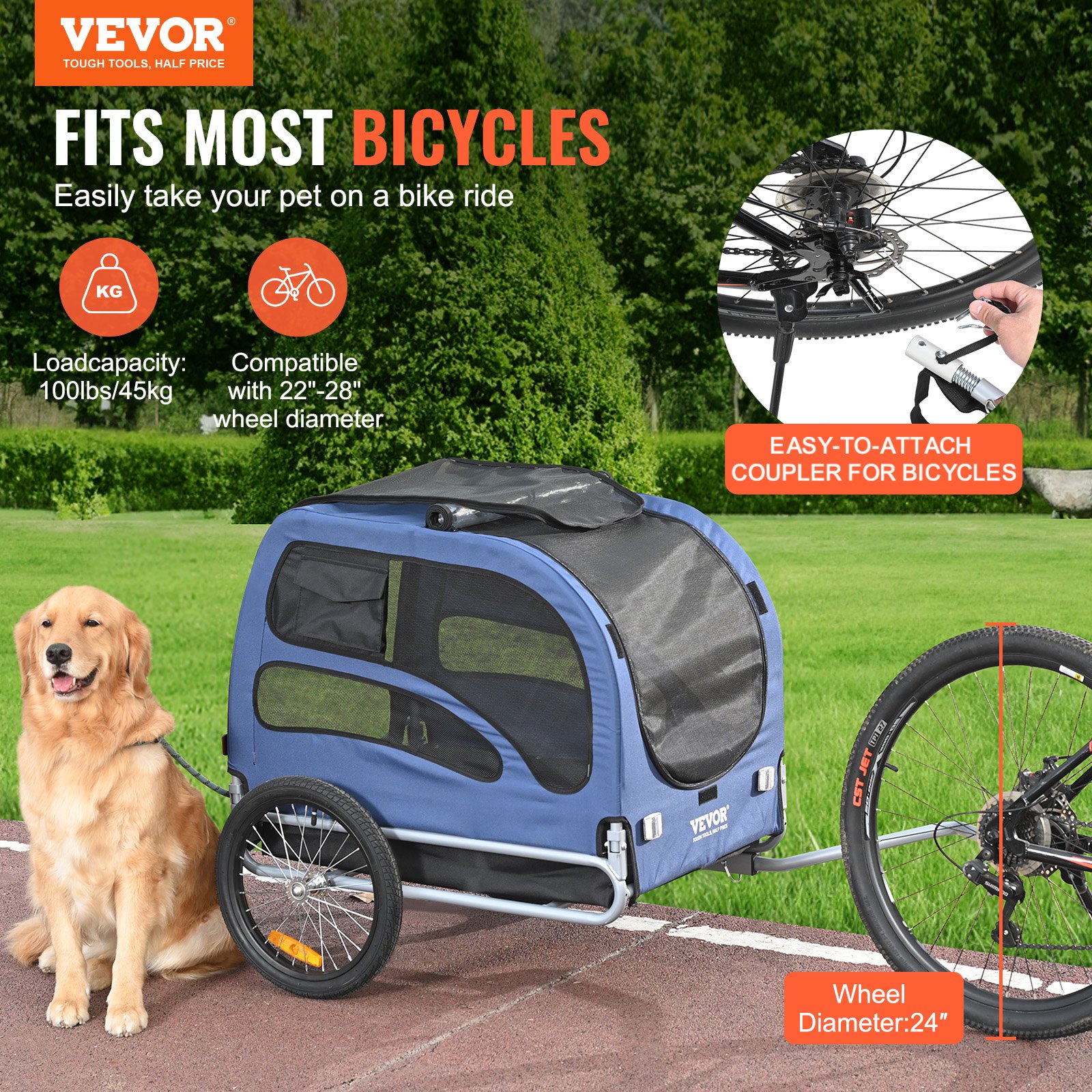 VEVOR Remolque Plegable para Bicicleta para Perros Carga de 45 kg Portabicicletas para Mascotas Marco Fácil de Plegar con Ruedas de Liberación Rápida, Acoplador Universal para Bicicleta, Reflectores