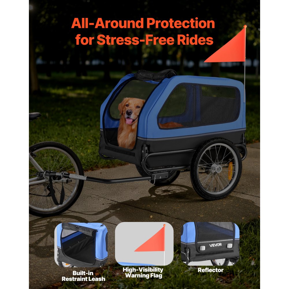 VEVOR Remolque de Bicicleta para Perros, Carga de 40 kg, Portabicicletas Plegable para Perros Pequeños/Grandes con Rueda de Liberación Rápida, Enganche Universal, Bandera y Correa Interior