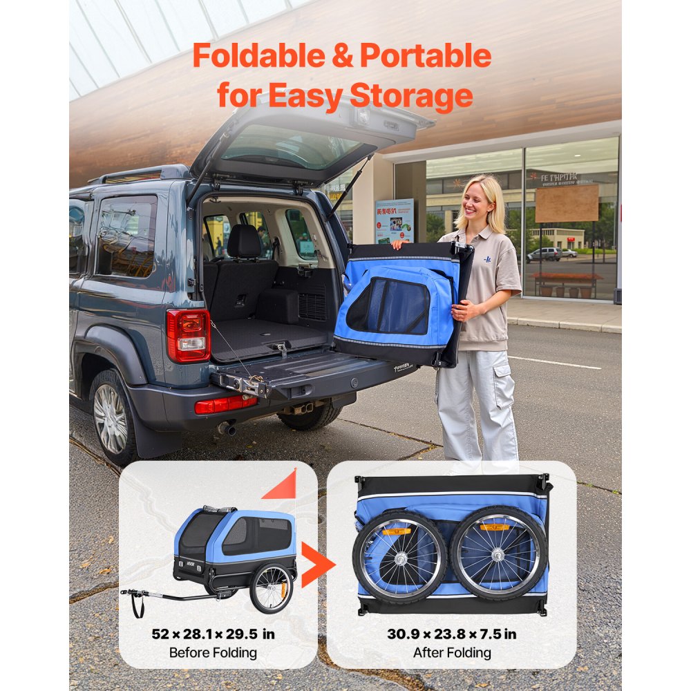 VEVOR Remolque de Bicicleta para Perros, Carga de 40 kg, Portabicicletas Plegable para Perros Pequeños/Grandes con Rueda de Liberación Rápida, Enganche Universal, Bandera y Correa Interior
