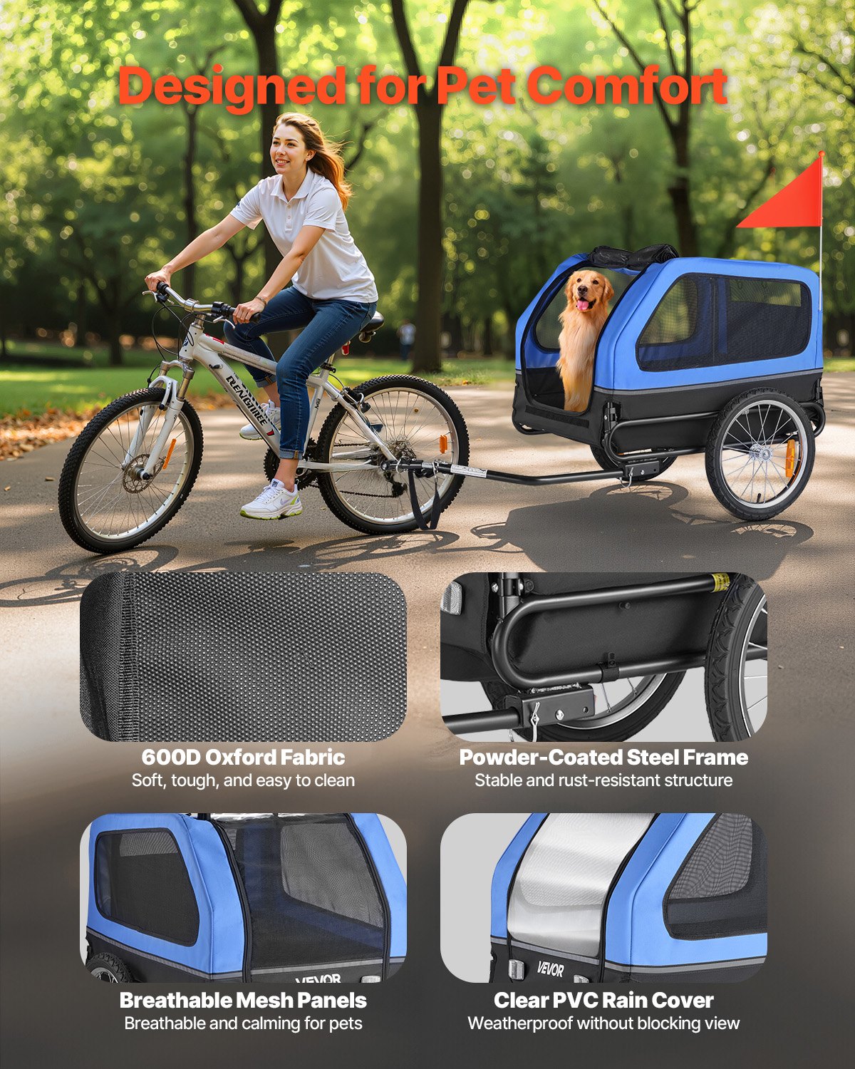 VEVOR Remolque de Bicicleta para Perros, Carga de 40 kg, Portabicicletas Plegable para Perros Pequeños/Grandes con Rueda de Liberación Rápida, Enganche Universal, Bandera y Correa Interior