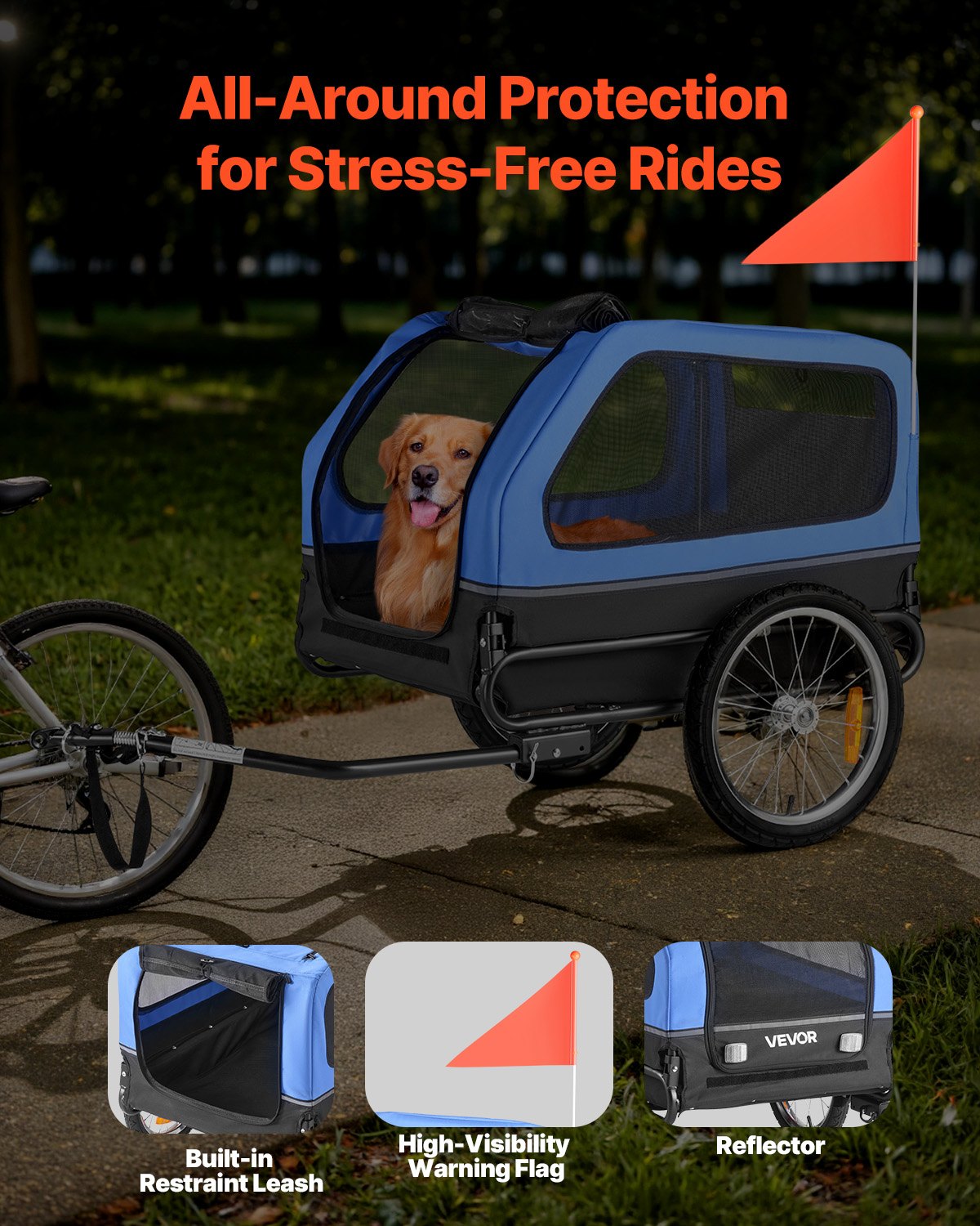 VEVOR Remolque de Bicicleta para Perros, Carga de 40 kg, Portabicicletas Plegable para Perros Pequeños/Grandes con Rueda de Liberación Rápida, Enganche Universal, Bandera y Correa Interior