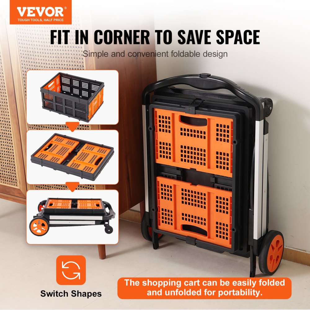 VEVOR Carro de Compras Capacidad de Carga 90 kg Carro de Compras Plegable Multiusos Móvil Utilidad Resistente 2 Niveles con Ruedas, Caja de Almacenamiento 2 en 1 para Comestibles, Mudanzas, Equipaje