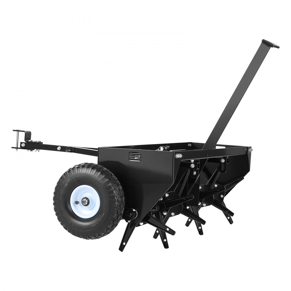 VEVOR Aireador de Césped con Esparcidor Aireador Ancho de Trabajo 101 cm, Herramienta para Jardinería, Enganche de Remolque para Tractores, Profundidad 7,62 cm, con Bandeja y Ruedas, Carga 54,43 kg
