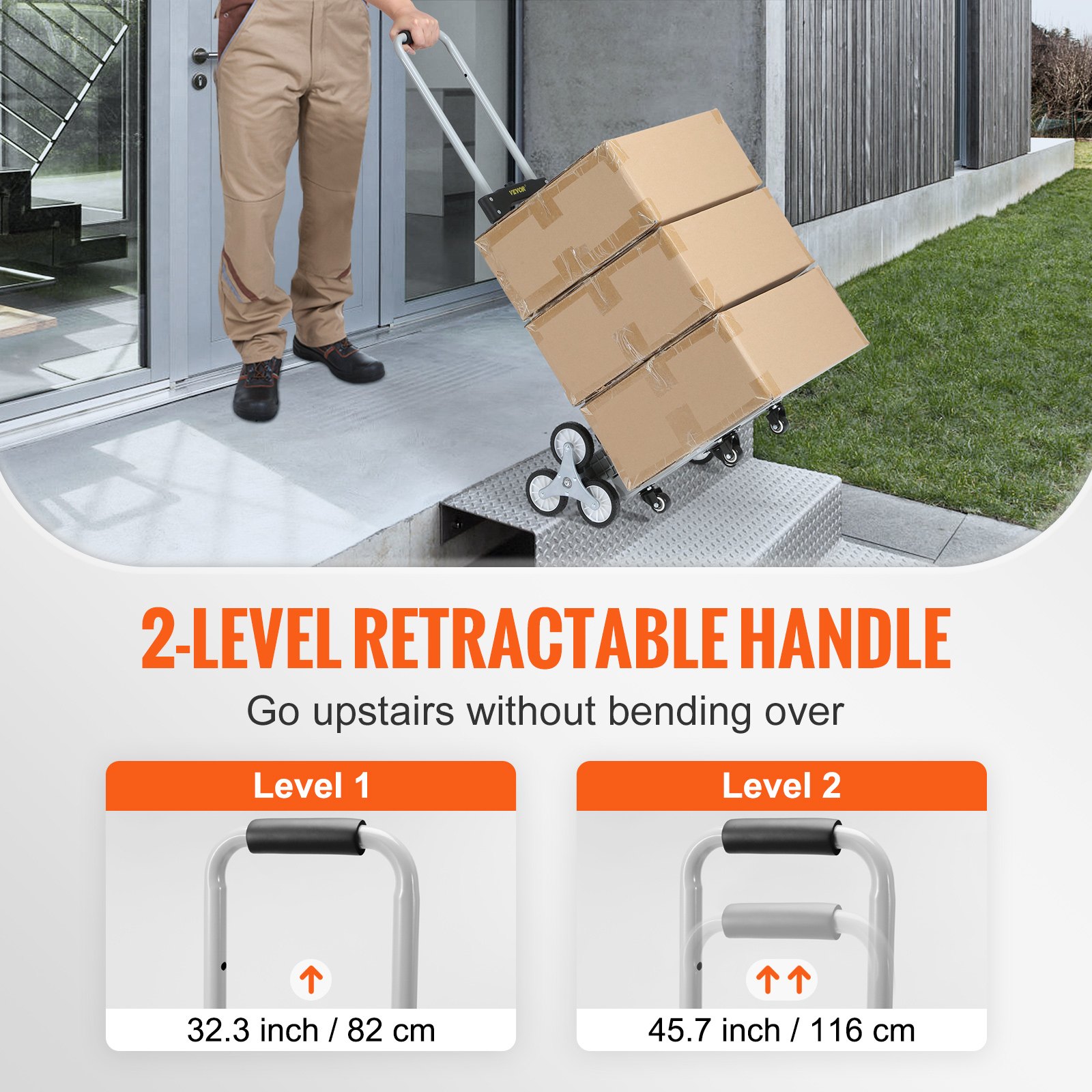 Persona que utiliza un carrito para subir escaleras VEVOR con asa retráctil de 2 niveles para subir cajas por las escaleras.