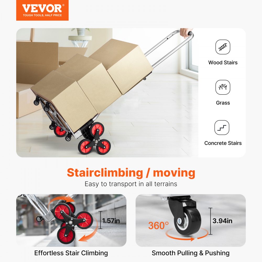VEVOR Hand Truck 490 x 475 x 1150 mm, Stair Climber, Stair Hand Truck 118 kg, Foldable Trolley with Telescopic Handle, 10 Wheels & 2 Elastic Ropes for Home, Shopping, Moving & Storage