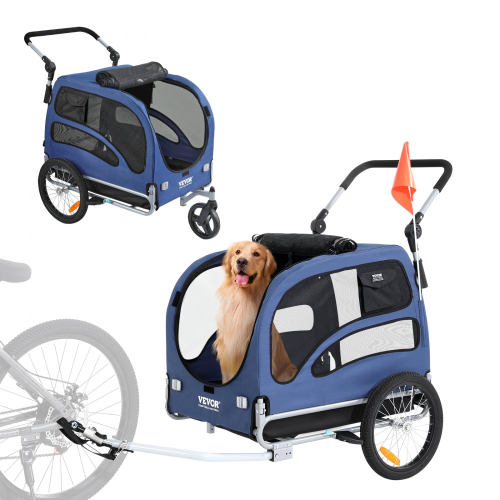 Remolque de bicicleta para perros VEVOR con bandera de seguridad naranja y ventanas de malla para ventilación.