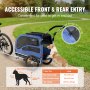 Remolque de bicicleta para perros VEVOR con entrada con cremallera, función de seguridad y tabla de tallas, que se muestra en un sendero del parque.