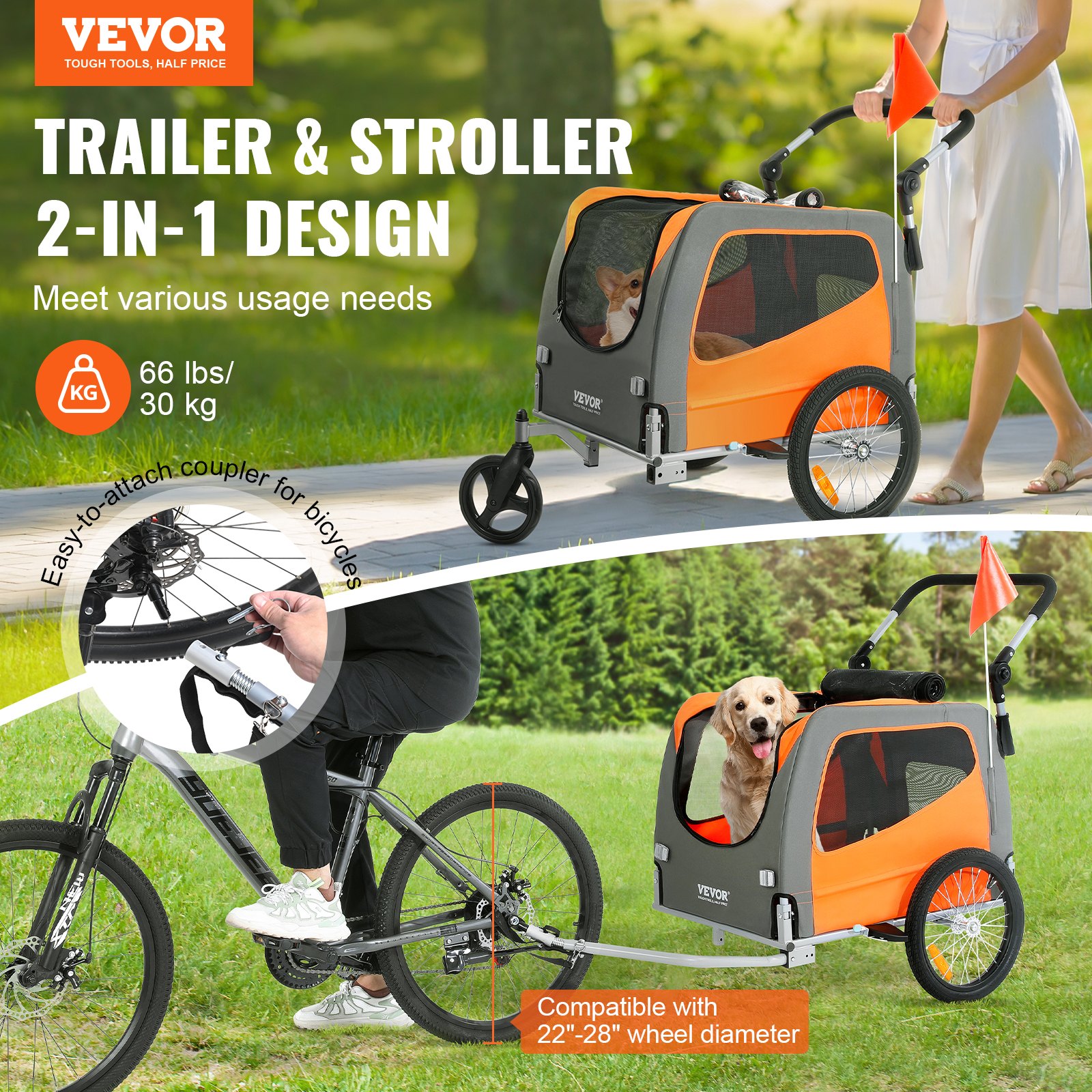 VEVOR Remolque Plegable para Bicicleta para Perros Carga de 30 kg Cochecito para Mascotas 2 en 1, Marco Fácil de Plegar con Ruedas de Liberación Rápida, Acoplador Universal para Bicicleta, Reflectores