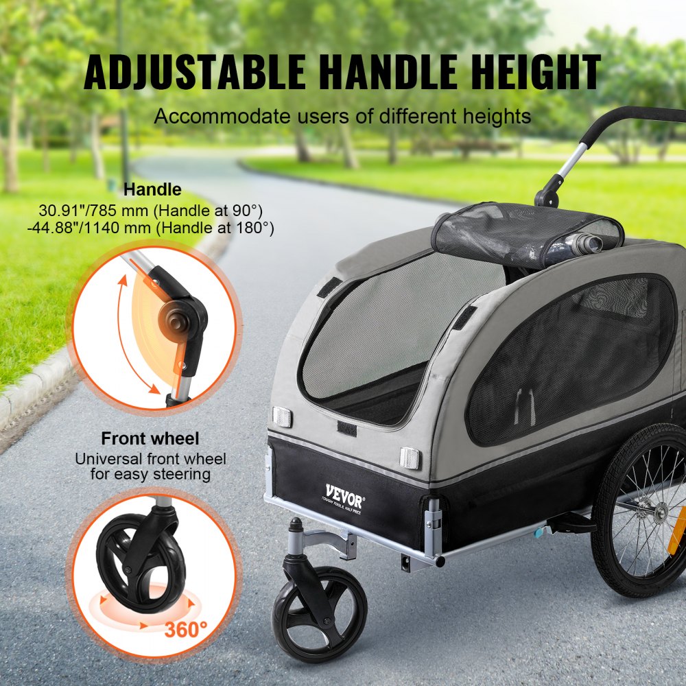 VEVOR Dog Trailer 40 kg 2-in-1 Bicycle Trailer Carbon Steel + 600D Oxford Fabric + PP Foldable 1470 x 720 x 780 mm as a trailer 1530 x 720 x 825 mm as a stroller Dog Buggy Jogger Trailer