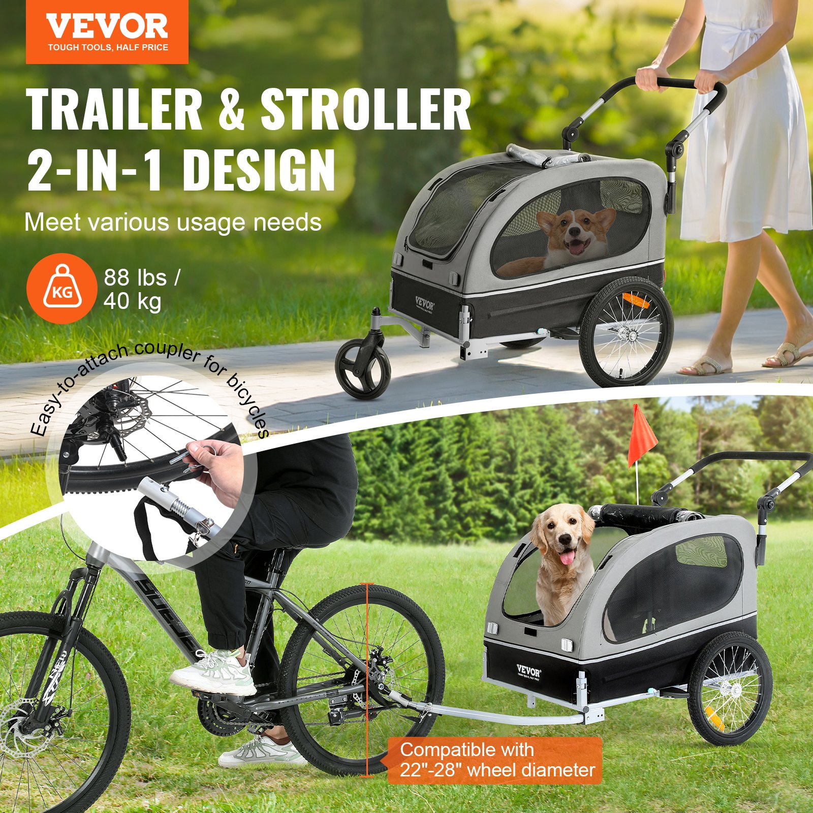 VEVOR Remolque Plegable para Bicicleta para Perros Carga de 450kg Cochecito para Mascotas 2 en 1, Marco Fácil de Plegar con Ruedas de Liberación Rápida, Acoplador Universal para Bicicleta, Reflectores