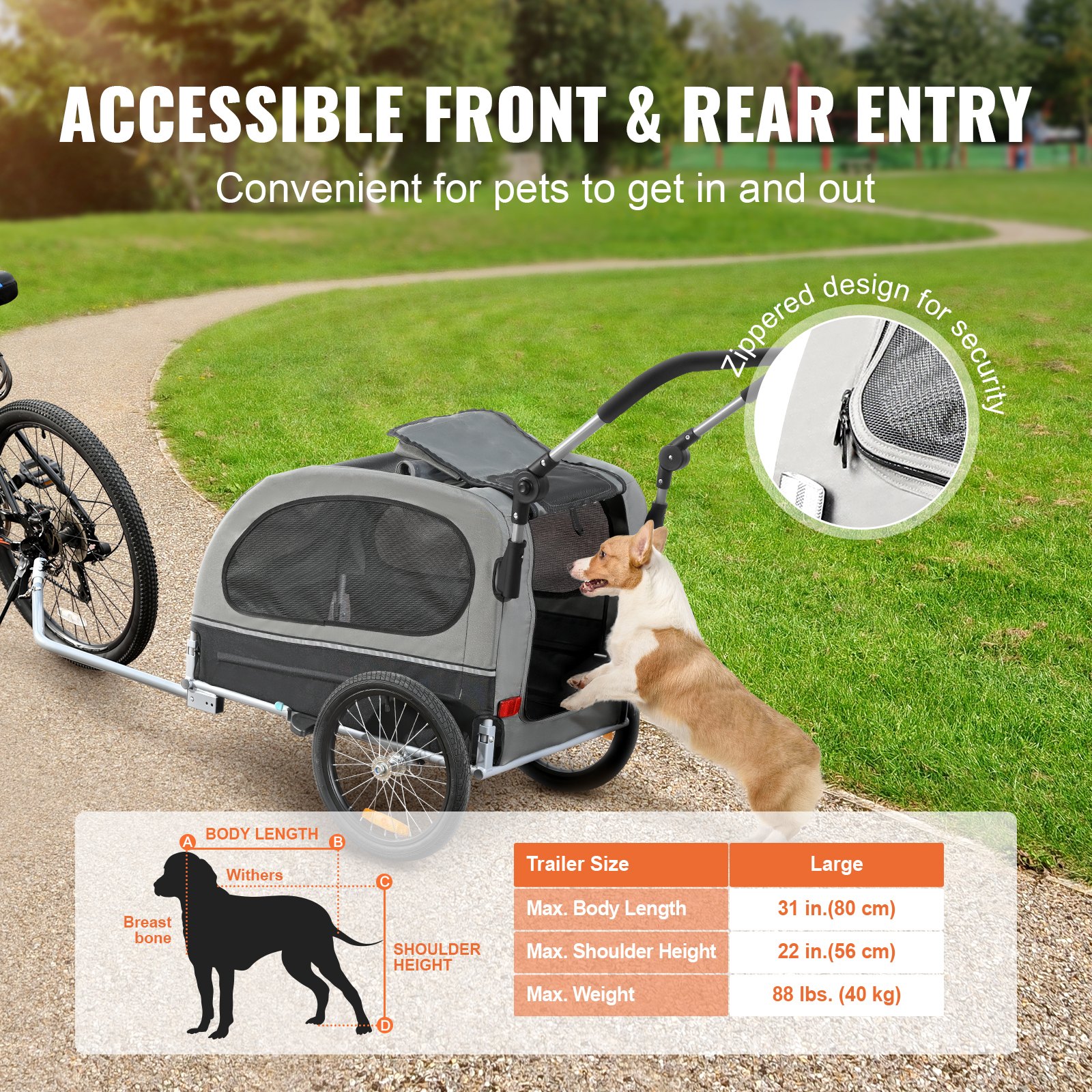 VEVOR Remolque Plegable para Bicicleta para Perros Carga de 450kg Cochecito para Mascotas 2 en 1, Marco Fácil de Plegar con Ruedas de Liberación Rápida, Acoplador Universal para Bicicleta, Reflectores