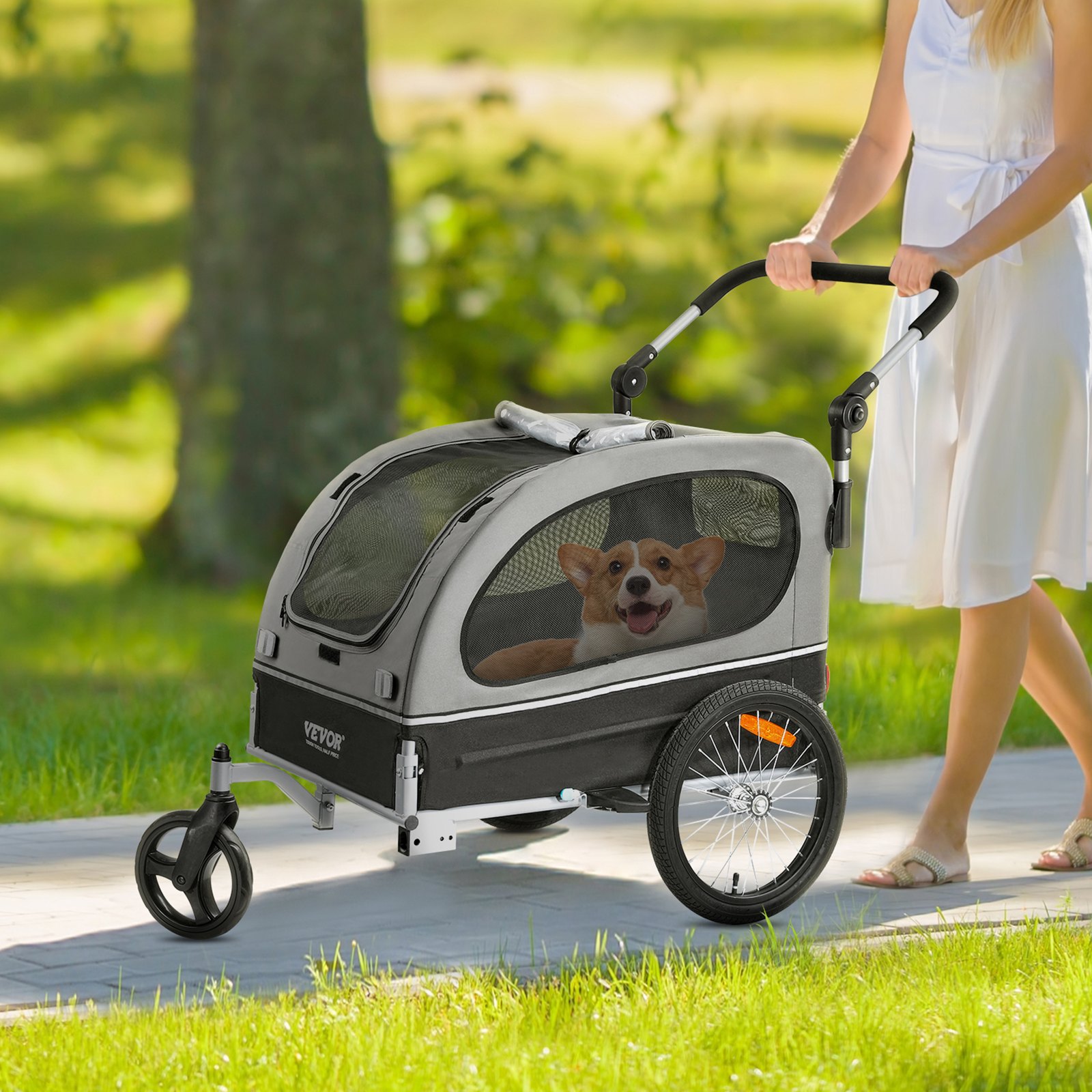 VEVOR Remolque Plegable para Bicicleta para Perros Carga de 450kg Cochecito para Mascotas 2 en 1, Marco Fácil de Plegar con Ruedas de Liberación Rápida, Acoplador Universal para Bicicleta, Reflectores