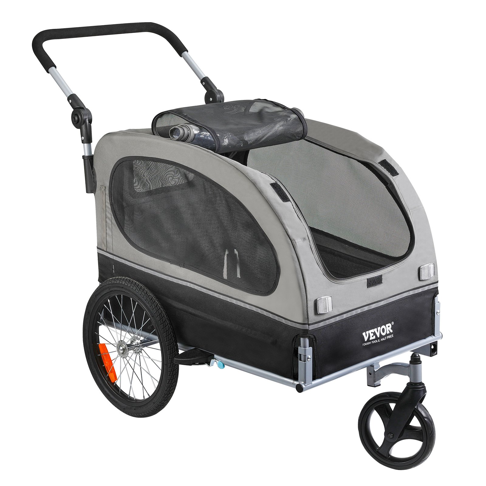 VEVOR Remolque Plegable para Bicicleta para Perros Carga de 450kg Cochecito para Mascotas 2 en 1, Marco Fácil de Plegar con Ruedas de Liberación Rápida, Acoplador Universal para Bicicleta, Reflectores