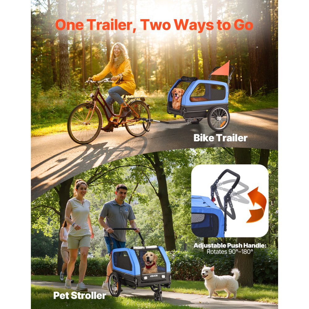 VEVOR Remolque de Bicicleta para Perros, Carga de 40 kg, Carrito Portabicicletas Plegable 2 en 1 para Perros con Rueda de Liberación Rápida, Enganche Universal y Correa Interior, 1380 x 755 x 800 mm