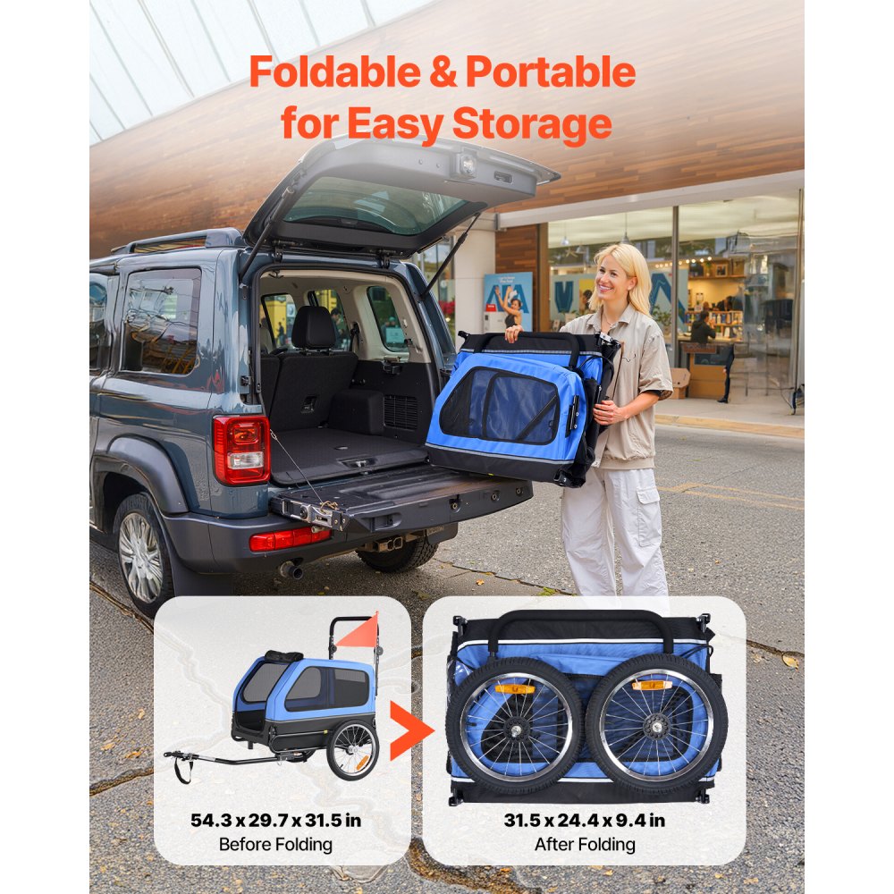 VEVOR Remolque de Bicicleta para Perros, Carga de 40 kg, Carrito Portabicicletas Plegable 2 en 1 para Perros con Rueda de Liberación Rápida, Enganche Universal y Correa Interior, 1380 x 755 x 800 mm