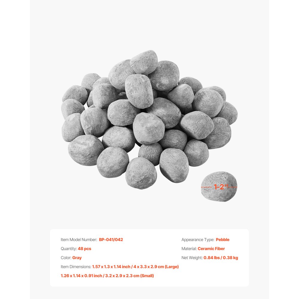 VEVOR Piedras de Cerámica para Fuego 2,5-5 cm 48 Piezas Rocas de Lava Reutilizables para Uso en Interiores y Exteriores Piedras Decorativas para Fogatas de Propano, Gas, Estufas, Camping, Gris
