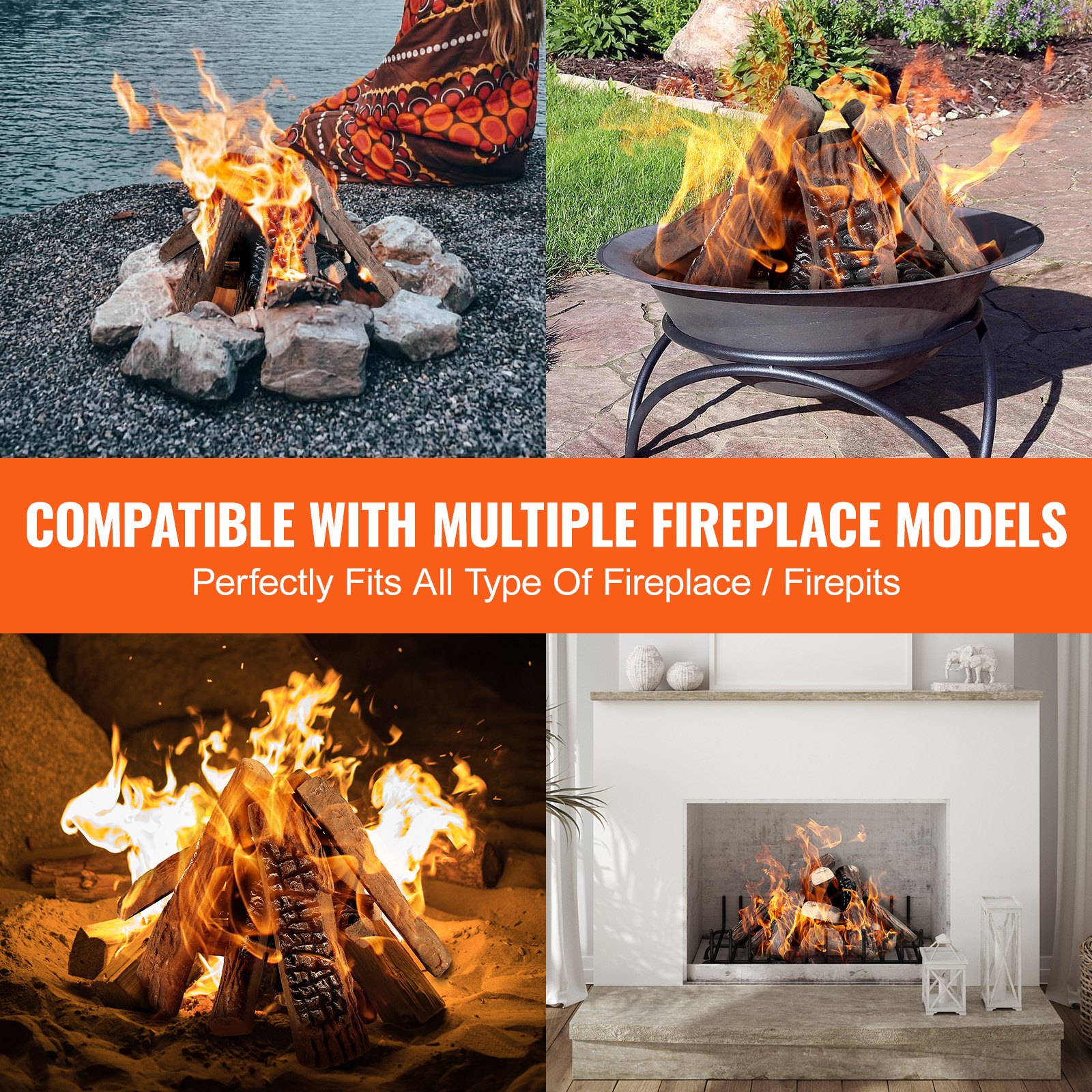 Leños para chimeneas de gas VEVOR en varios fogones y chimeneas, compatibles con múltiples modelos.
