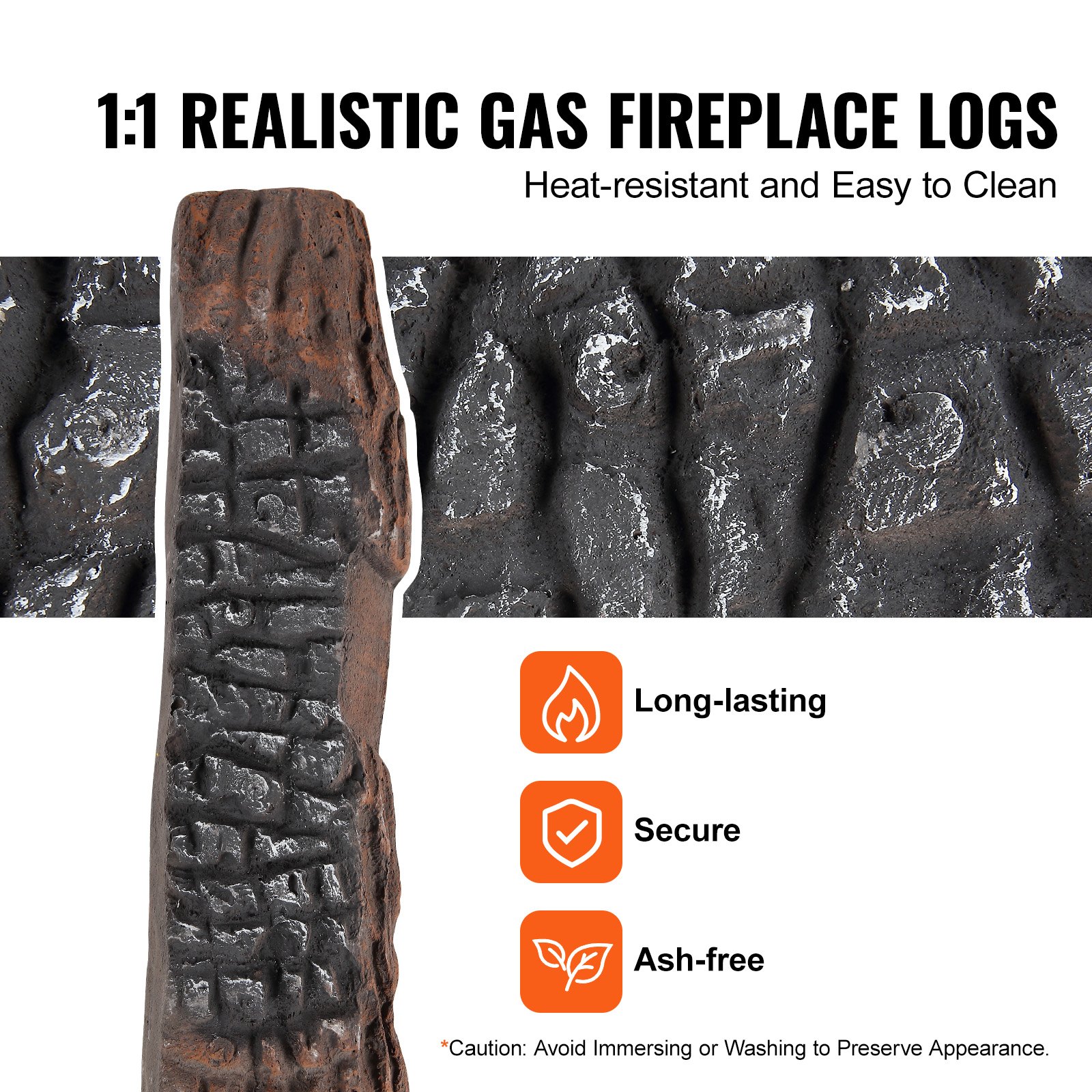 Leños para chimenea de gas VEVOR: realistas, resistentes al calor, fáciles de limpiar, duraderos, seguros y sin cenizas.