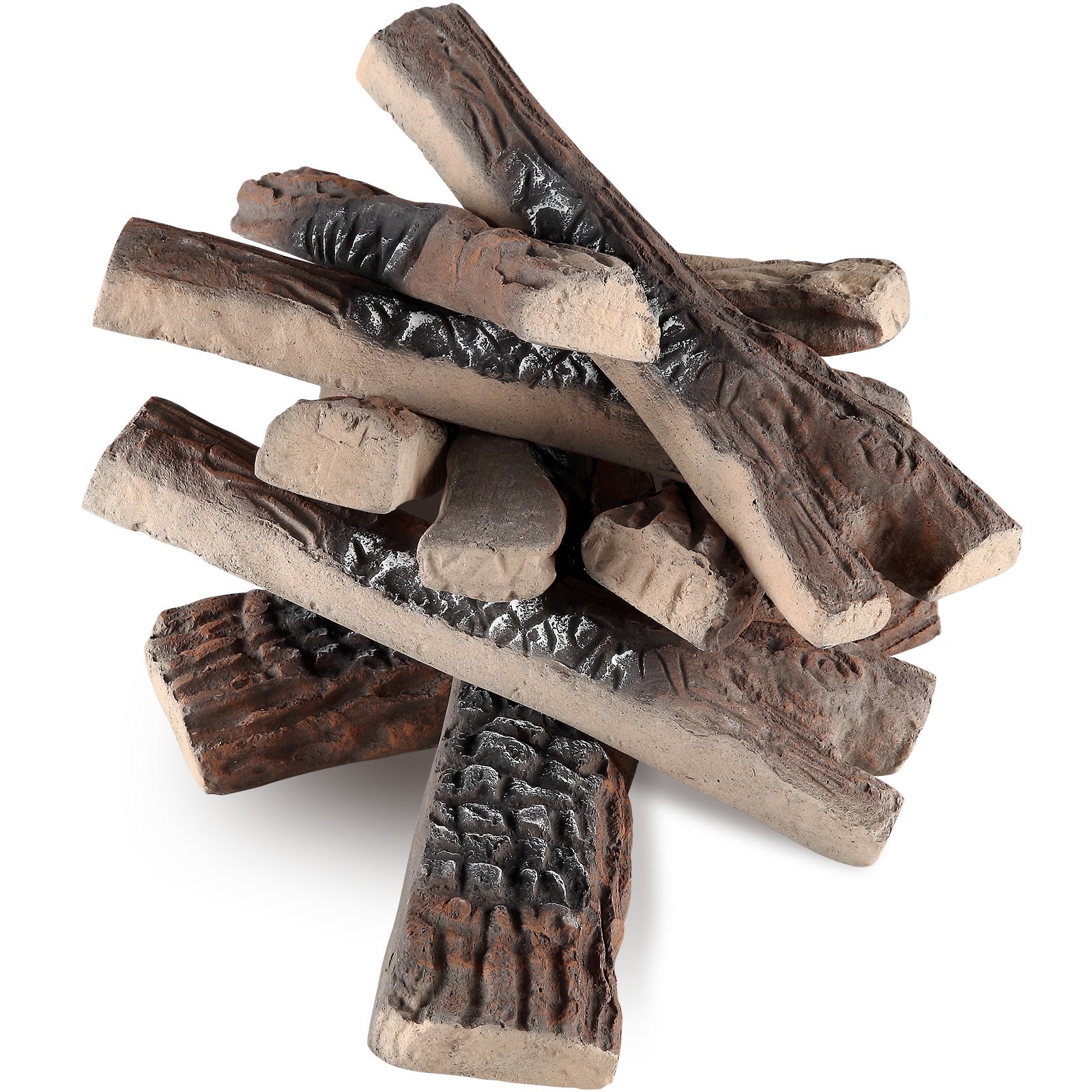 Leños para chimenea de gas VEVOR apilados con textura de madera realista y detalles carbonizados.
