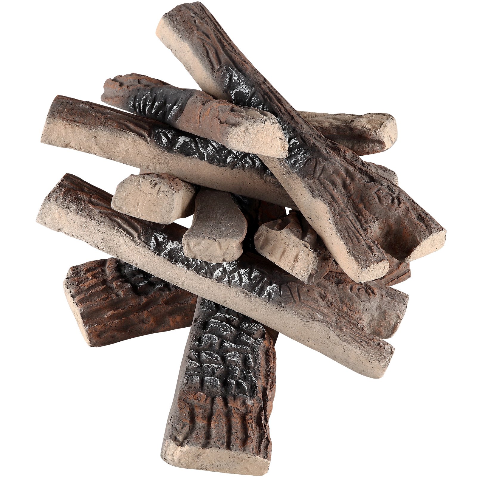 Pila rústica de leños para chimenea de gas VEVOR, con texturas detalladas y vetas de madera realistas.
