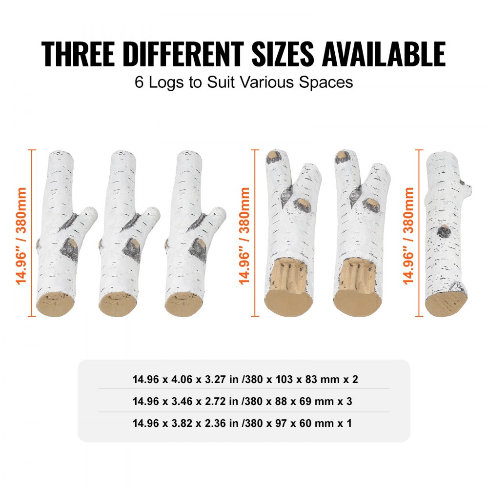 Leños para chimenea VEVOR en diseño de abedul blanco, 6 leños de 14,96 pulgadas en tres tamaños diferentes.