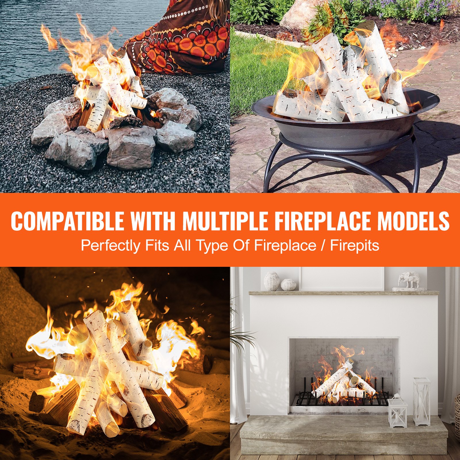 Leños para chimenea VEVOR que se queman en diversas configuraciones de chimenea y fogón, lo que demuestra compatibilidad.
