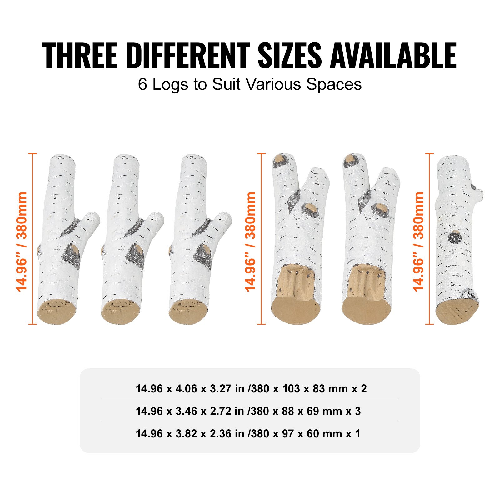 Leños para chimenea VEVOR en diseño de abedul blanco, 6 leños de 14,96 pulgadas en tres tamaños diferentes.