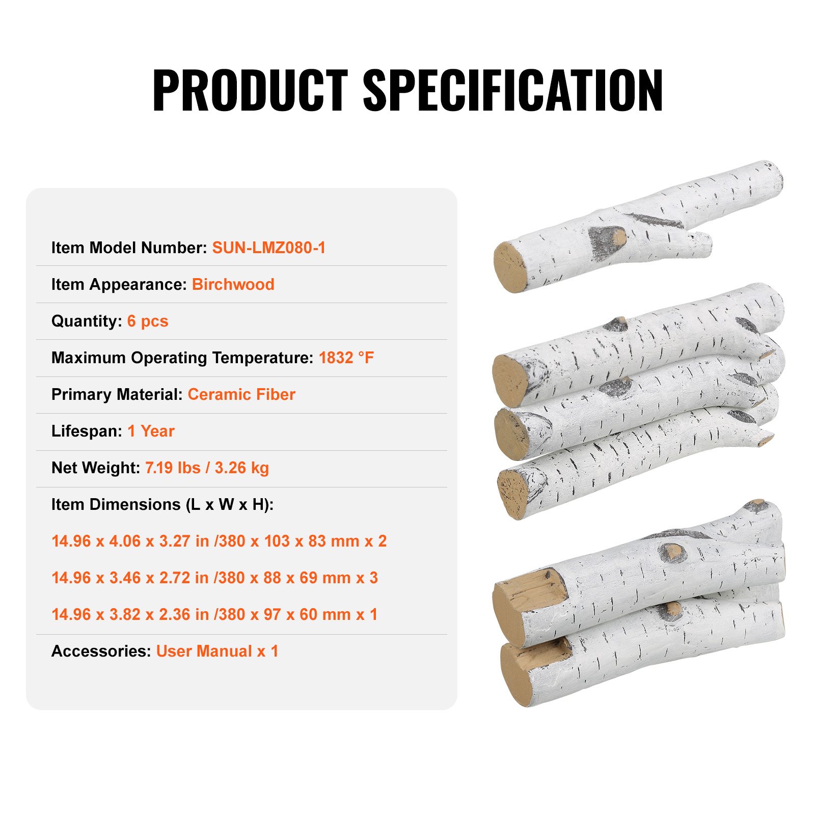 Leños para chimenea VEVOR, apariencia de madera de abedul, fibra cerámica, 6 piezas, temperatura máxima de 1832 °F. Especificaciones enumeradas.