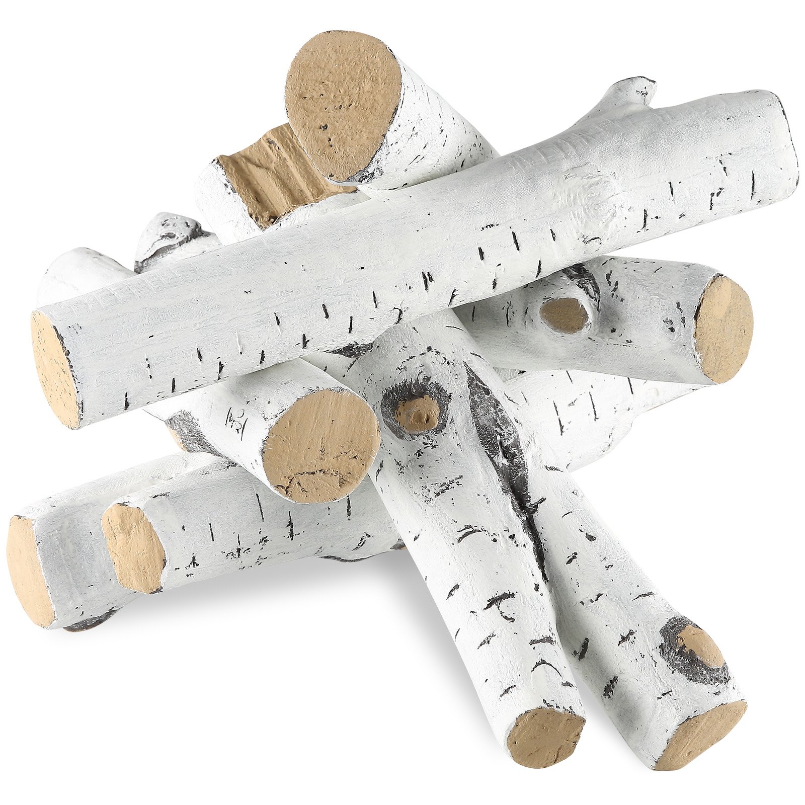 Leños para chimenea VEVOR apilados en una disposición entrecruzada, que se asemejan a la madera de abedul blanco con textura natural.