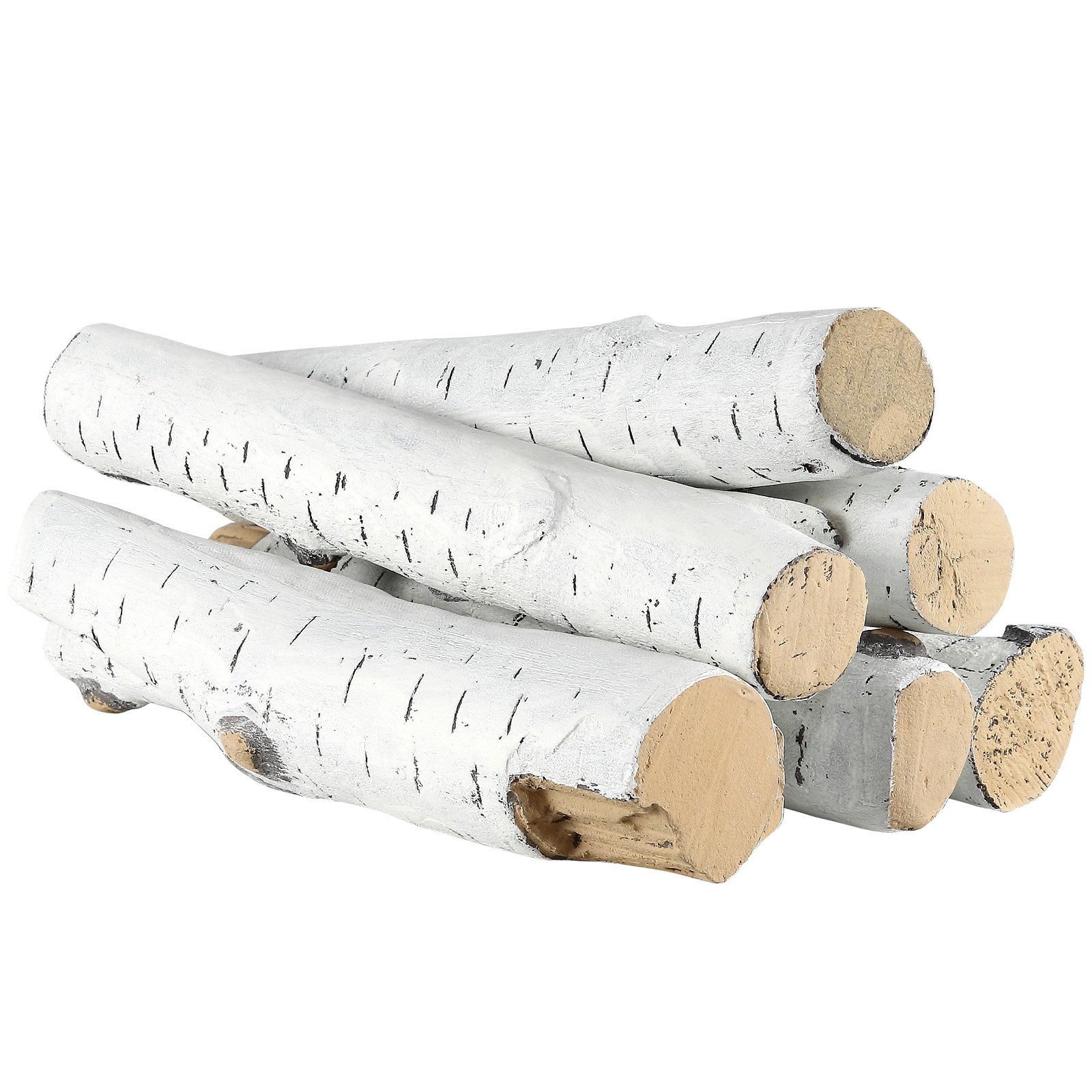 Troncos para chimenea VEVOR con apariencia de abedul dispuestos apilados, que muestran una textura y un color realistas.