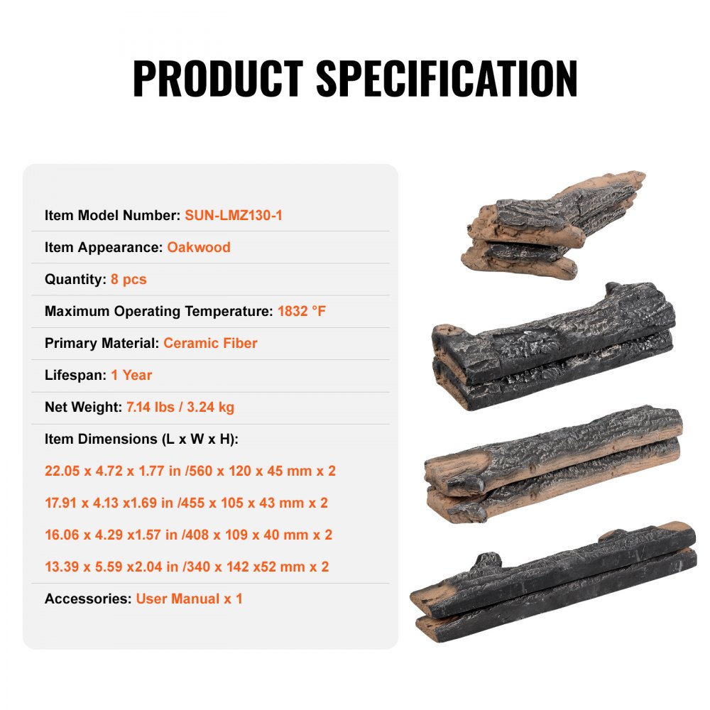 Leños de cerámica para chimenea de gas VEVOR, 8 piezas, apariencia de madera de roble, fibra cerámica, 1832 °F máx., 7,14 lbs.