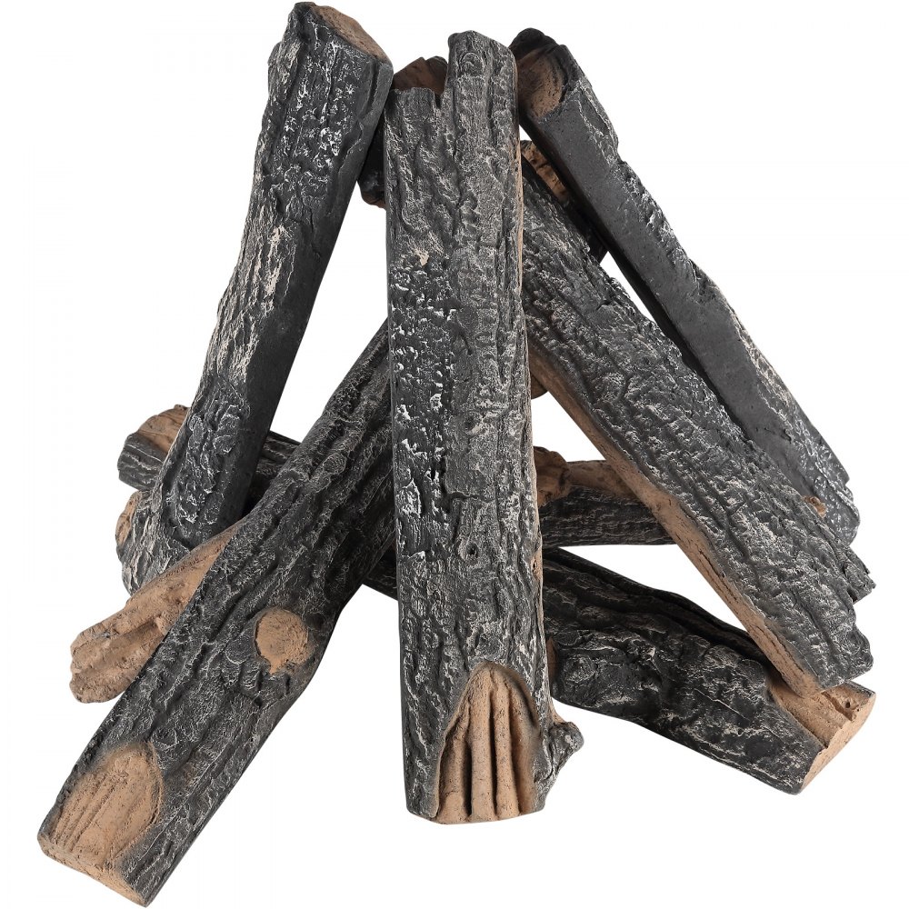 Chimenea de gas VEVOR con troncos de cerámica dispuestos en forma de pirámide, mostrando texturas de madera realistas.