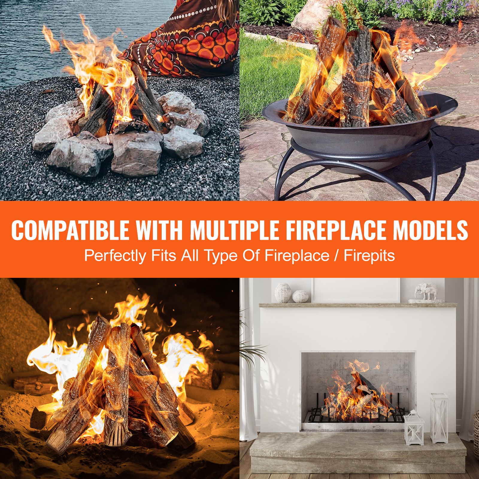 Chimenea de gas VEVOR con leños de cerámica en diversas configuraciones de chimenea y brasero, mostrando versatilidad.