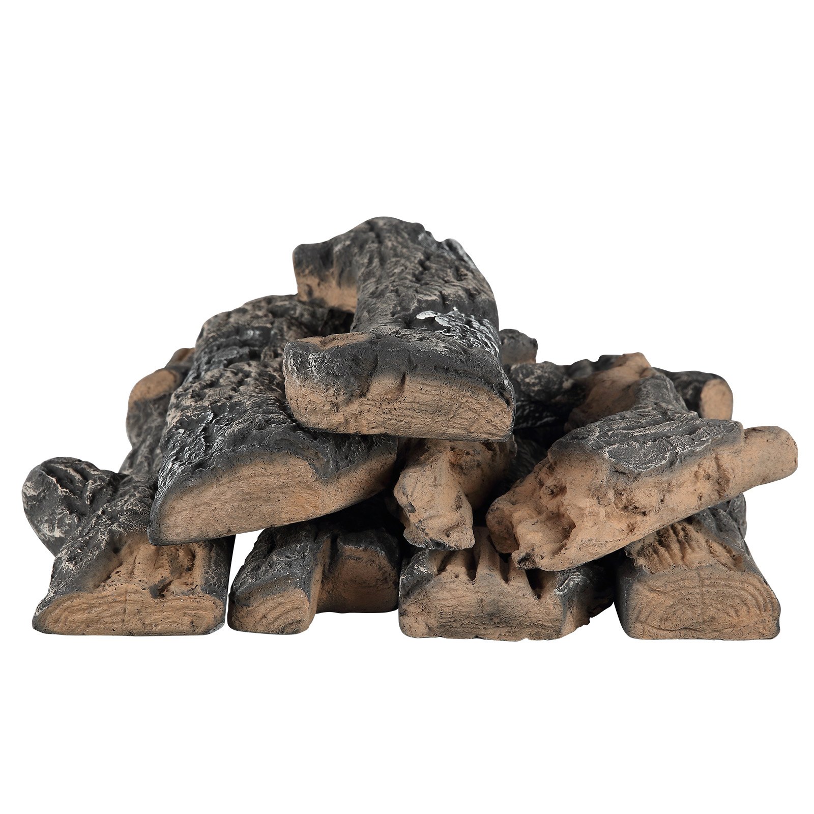 Pila de troncos de cerámica para chimenea de gas VEVOR con textura de madera realista y detalles carbonizados.
